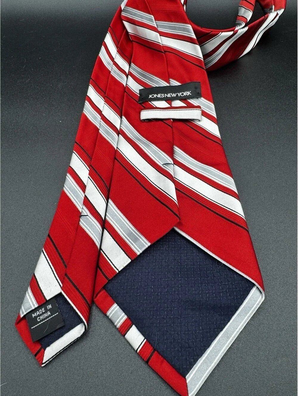 Jones New York Silk Tie Red White Gray Striped Wide 60”x4” Teacher Preppy School
